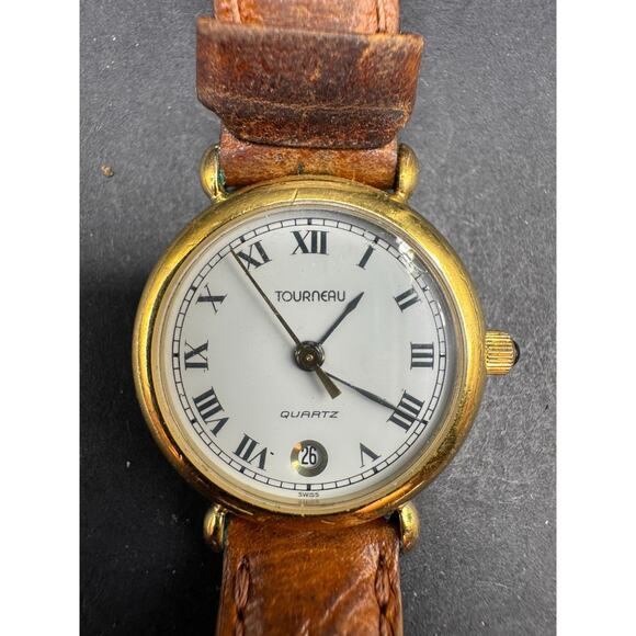 Tourneau Accessories - Vintage 90's Tourneau Dress Quartz Date Watch Gold Tone Brown Leather Band 24mm